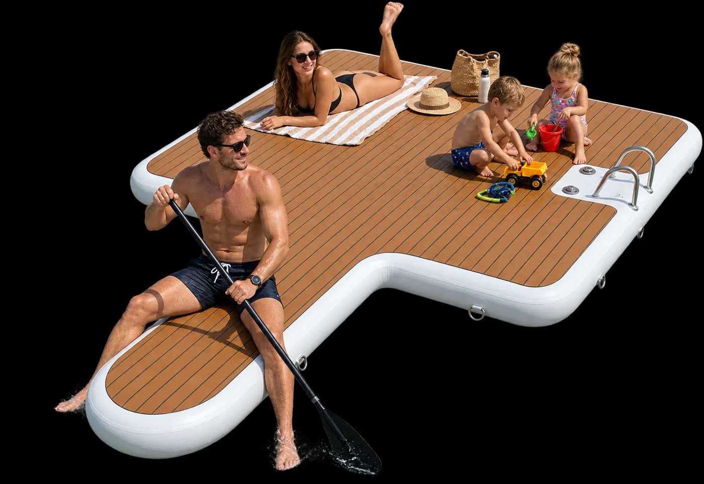 Plutamo float, anchored on calm water